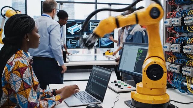 Instructor teaches diverse students robotics and engineering in modern lab