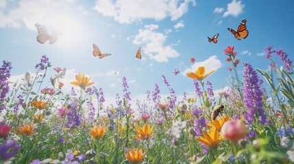 Vibrant wildflower meadow with butterflies and blue sky, a summer scene