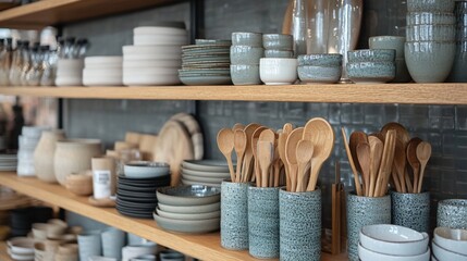 Rustic kitchenware display showcasing handmade ceramics and wooden utensils