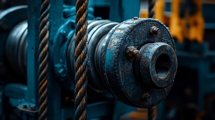Close-up of industrial winch with weathered cable and machinery details
