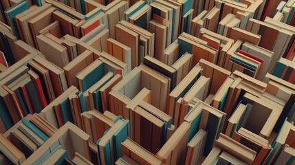 A dense arrangement of colorful books forming a maze-like structure