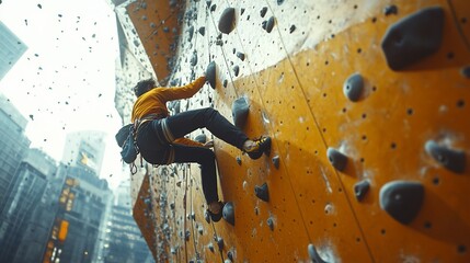 Young Man Conquering Indoor Climbing Wall with Urban Cityscape Backdrop