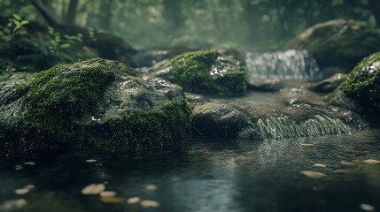 Captivating close-up of a serene stream with mossy rocks and lush forest backdrop