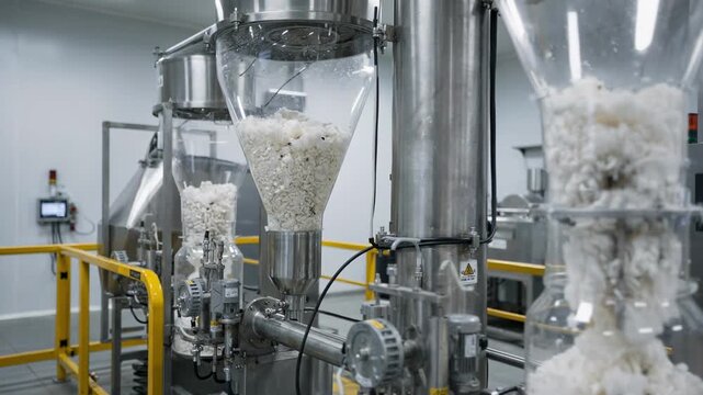 Medium shot of synthetic fill station metering recycled down into jacket chambers highlighting ecofriendly insulation production with industrial machinery detail.