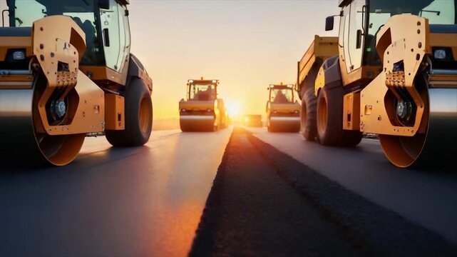 Asphalt rollers compacting fresh pavement at sunrise. Machinery in a row. Golden light