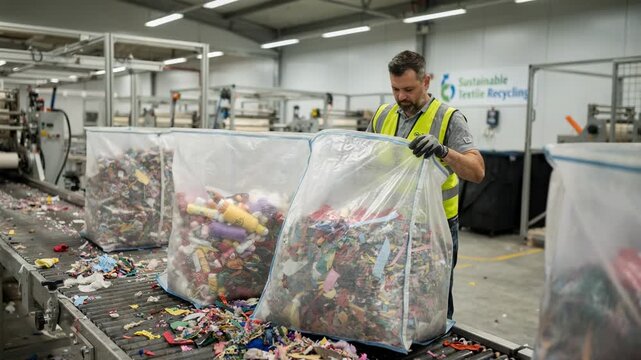 Medium shot showing a production line where lint yarn remnants and fabric offcuts are gathered into collection bags for sustainable reuse and waste reduction.