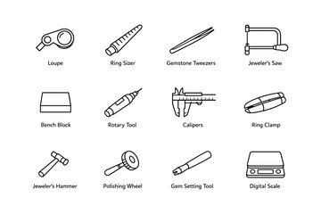 Fototapeta premium Essential jewelry making tools: loupe, tweezers, saw, hammer, and more