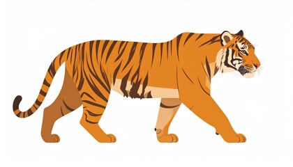 Obraz premium Side view of an orange and black striped tiger walking across a white background