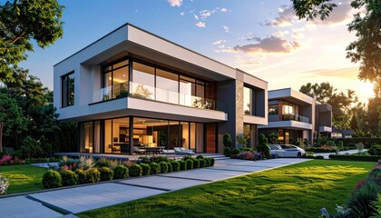 Fototapeta premium Modern, multi-level house with large windows, set amidst lush landscaping at sunset