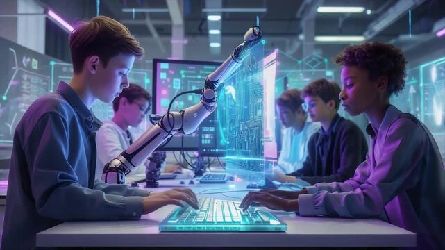Students work on computers with robot assistance in a futuristic tech lab setting, glowing displays