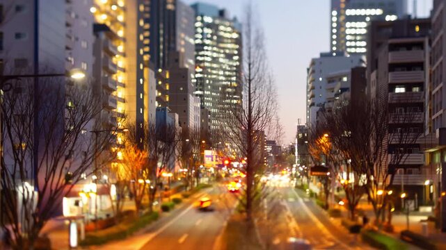 東京・中野坂上 山手通り　タイムラプス　夕景から夜景　シフトレンズ逆アオリ