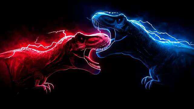 Red and Blue T Rex Lightning Battle on Black Background Digital Art