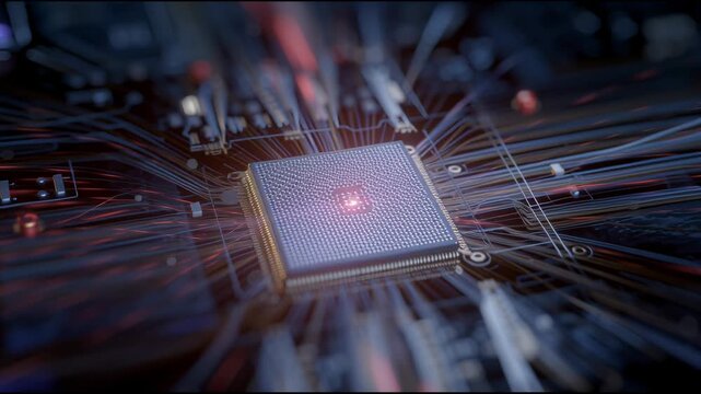 Explore Silicon-Quantum Bridge Technology Through Macro Shots That Display Electrical Flow and Connectivity on a Microchip in Detail
