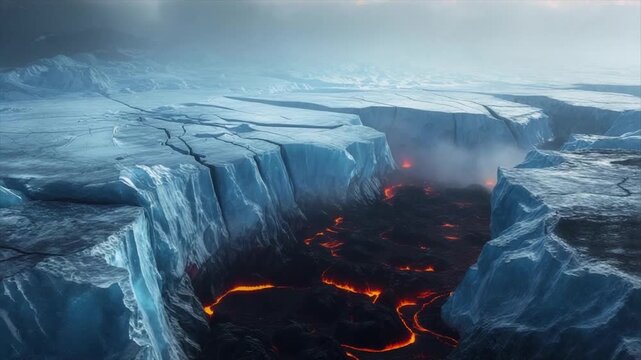 A glacial landscape cleaved by a fiery chasm, steam rising. Frosty peaks meet lava flows