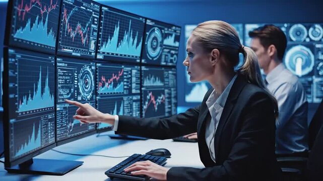 Business Professionals Analyzing Financial Data on Multiple Screens.