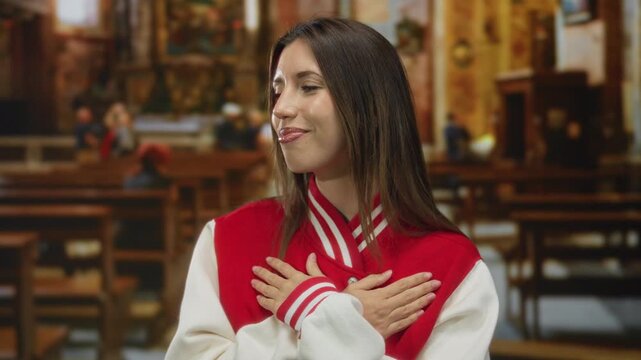Young hispanic woman in red cheerleader uniform crosses arms over chest in church amid rows of wooden pews; quiet devotion.