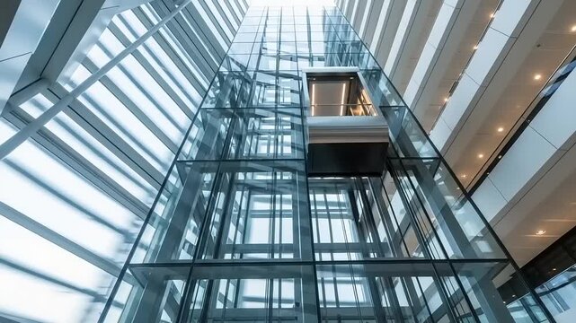 Modern Glass Elevator Shaft in Office Building.