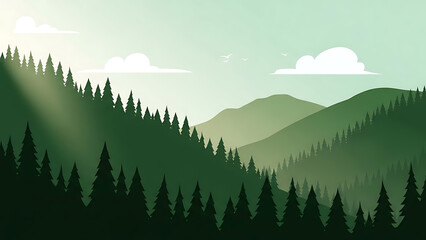 Green Mountain Forest Landscape with Sun Rays and Flat Design Clouds