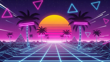 Outrun Aesthetic Neon Palm Trees, Grid, and Sunset on a Starry Night