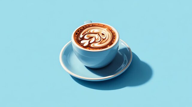 Latte Art Coffee Blue Background Minimalist Studio Shot