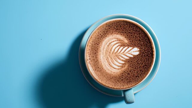 Delicious Cappuccino Latte Art Blue Background Top View