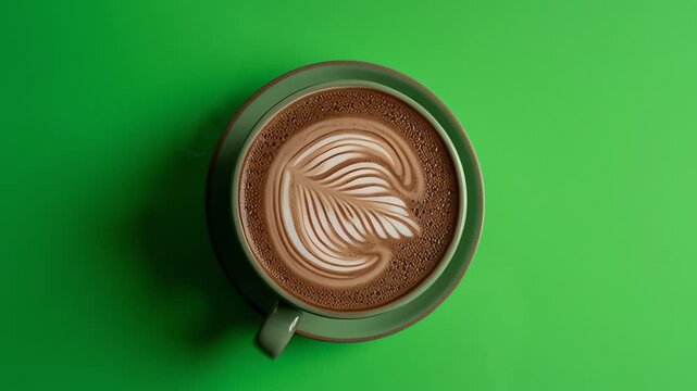 Top View Latte Art Coffee Green Background Closeup