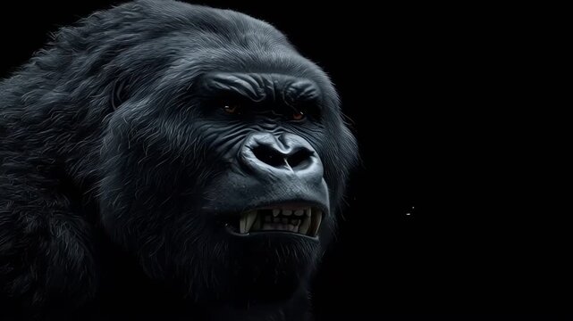 Angry gorilla roaring close-up cinematic portrait on black