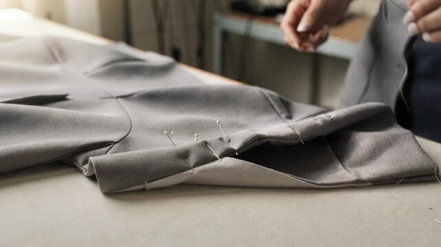 Medium shot of an artisan handfinishing a faced hem on a structured dress highlighting the meticulous folding and pinning before final stitching.