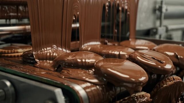 Medium shot of cookies fully coated in rich chocolate as they glide smoothly under a cascading chocolate curtain in a factory setting.