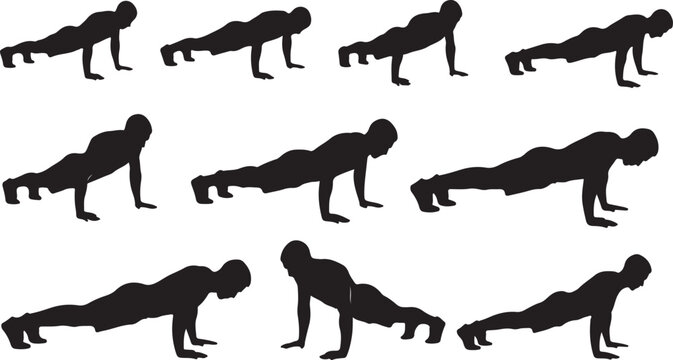 Silhouette of a man doing various push-up exercises slowly