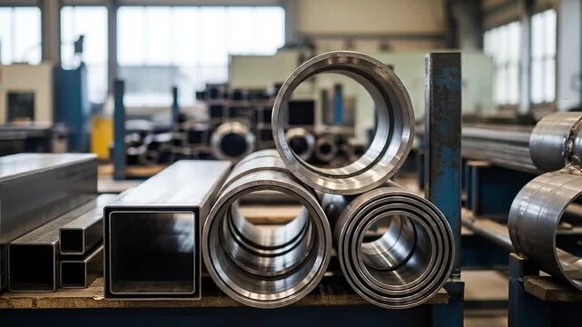 Industrial metal pipes and tubes storage with shelves and organized steel components