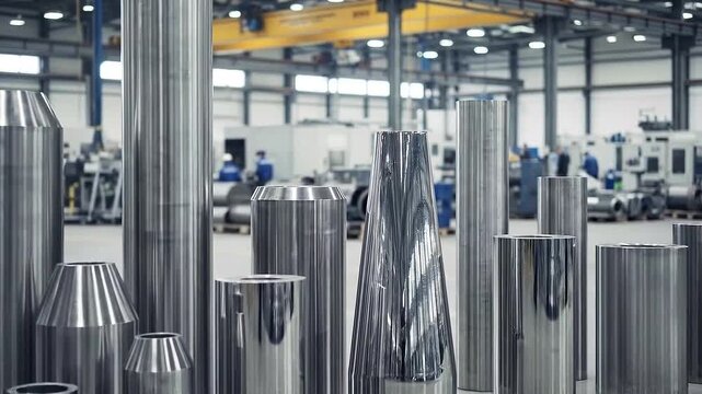 Manufacturing factory with rows of shiny metallic cylindrical components and industrial machinery in the background