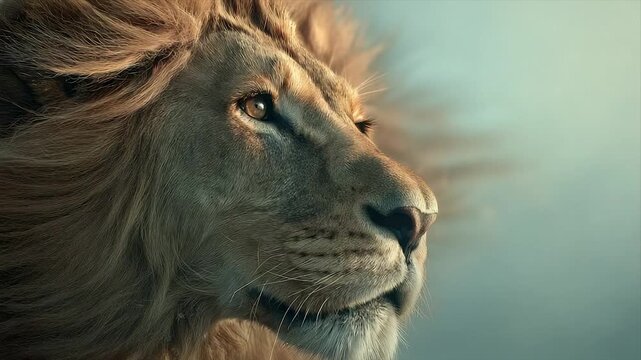 A close-up portrait of a lion, showcasing its side profile, focused on the eye and mane
