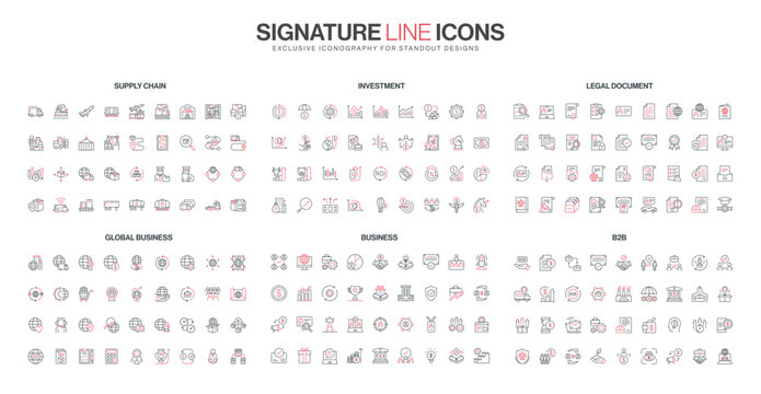 Thin red and black line icon set with supply chain, investment, global business, B2B, legal document themes, for modern corporate design, finance, and logistics projects vector illustration