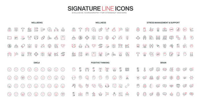 Collection of minimal line icons showing wellbeing, wellness, stress support, emoji faces, positive thinking, and brain concepts, mental health and emotional care isolated vector illustration