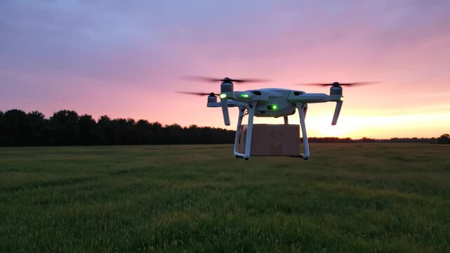 Drone carrying package over field