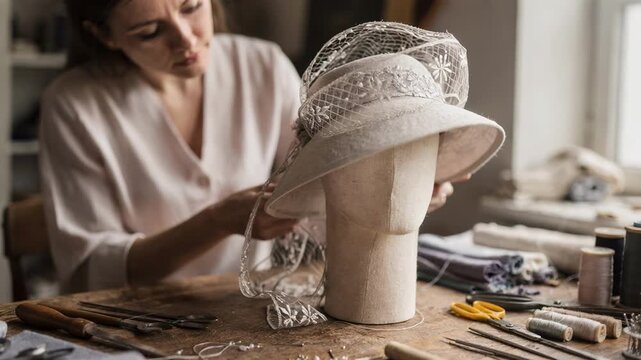 Medium shot of an artisan carefully shaping a handblocked couture fascinator with intricate net veils highlighting delicate craftsmanship and elegant headpiece design.