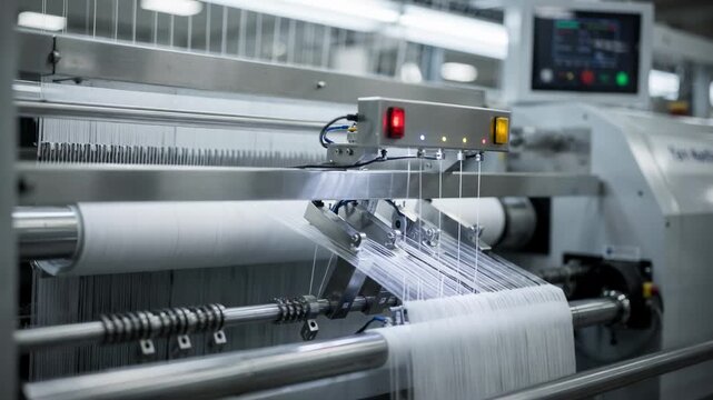 Medium shot of a textile machine with light sensors actively detecting yarn breaks showing precise monitoring in an automated fabric production line.