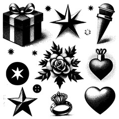 Obraz premium Ornamental Love Flash, A refined monochrome sheet of ornamental love-themed icons: roses, hearts, rings, and decorative banners with classic tattoo styling.