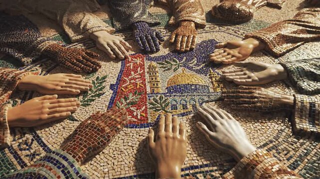 Intricate mosaic art depicting historic map with Dome of the Rock