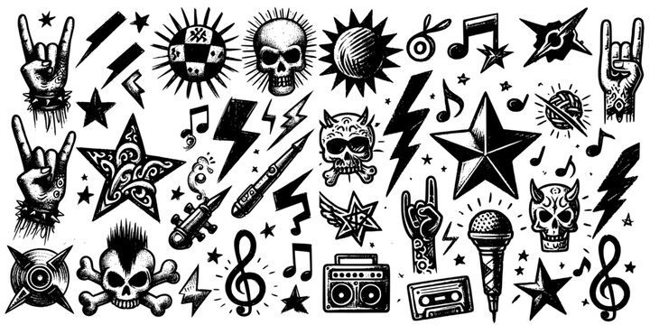 Retro Punk Tattoo Flash, A black-and-white tattoo-style flash sheet mixing edgy punk icons and retro music motifs including skulls, lightning bolts, a cassette tape, and a boombox.