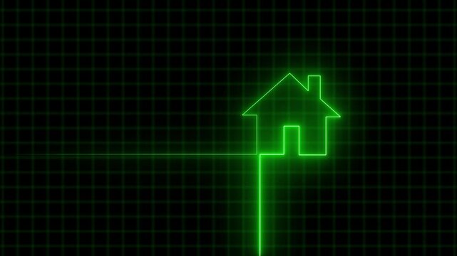 Glowing Neon line home icon. Neon line Cool linear animated home icon. House icon glowing neon light on black background.4k animation.