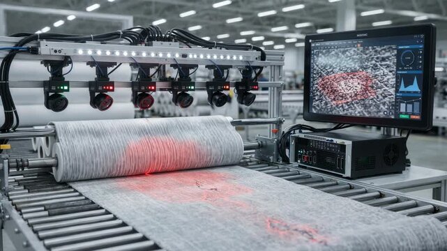 Medium shot of AIpowered vision system inspecting production line surfaces for microdefects highlighting realtime inline quality control with precision.