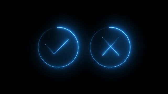 Glowing light neon check mark with cross sign icon animation no wrong cancel tick success done accept complete correct confirm finishing checkbox sign symbol.
