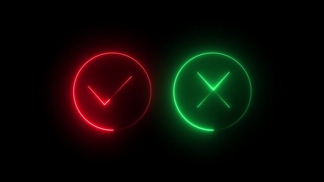 Glowing light neon check mark with cross sign icon animation no wrong cancel tick success done accept complete correct confirm finishing checkbox sign symbol.
