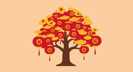 Chinese New Year Lucky Tree with Red Lanterns and Gold Coins. © Kelik