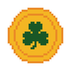 Obraz premium Lucky Shamrock Coin Pixel Art 8-Bit Illustration