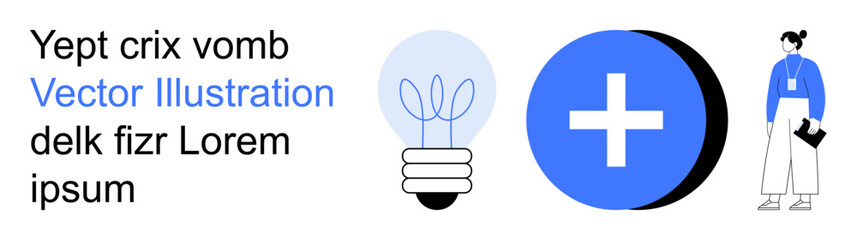 Obraz premium Innovation, healthcare, education, sustainability, creativity, technology. Light bulb, plus icon woman standing with clipboard. Innovation and healthcare illustrated with visual elements