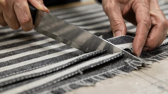 Closeup of striped fabric being manually aligned and sliced with sharp straight knives highlighting meticulous layering and craftsmanship in textile work.