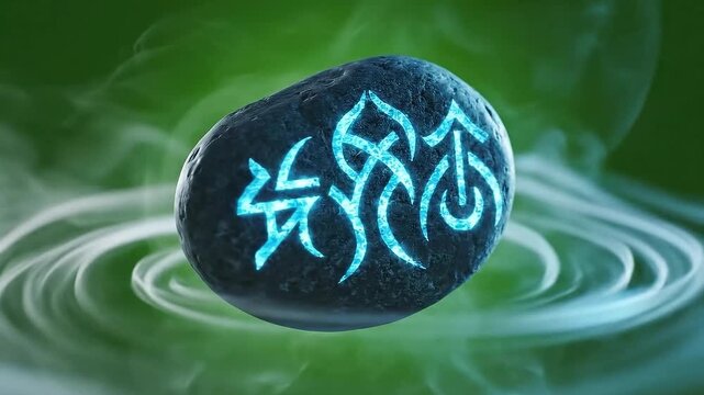 Floating Rune Stone with Glowing Symbols on Green Screen Background surrounded by Swirling Smoke Effect with a Mystical and